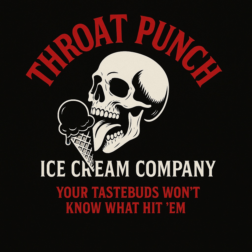 Throat Punch Ice Cream Company skull eating an ice cream cone. Your tastebuds won’t know what hit ’em.